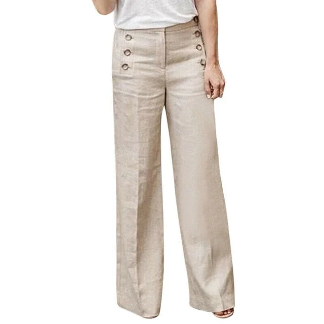 2019 Hot Summer Pants Womens Solid Cotton Linen Button Wide Leg Pants Plus Size Women Casual High Waist Trousers Five Color