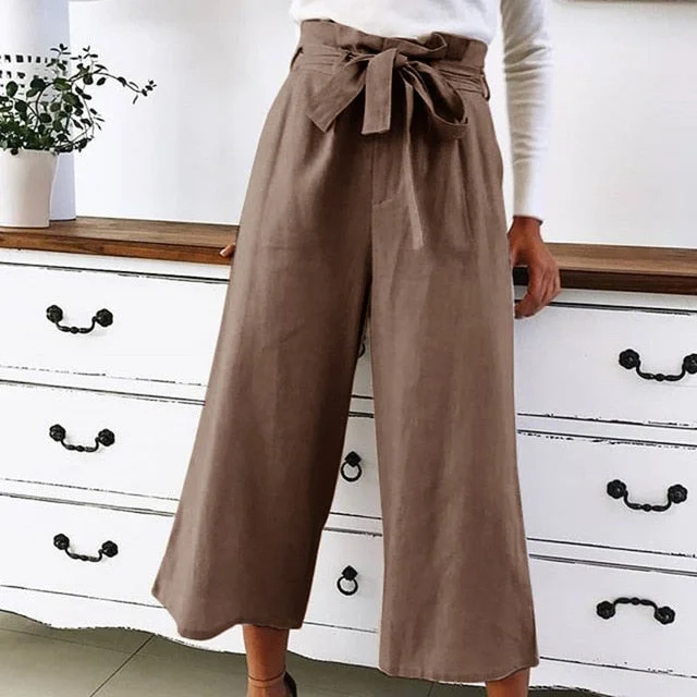 2019 New Womens Solid Wide Leg Pants Ladies Summer Loose Lady Culottes Trousers Multicolor High Waist Casual Plus Size Pants