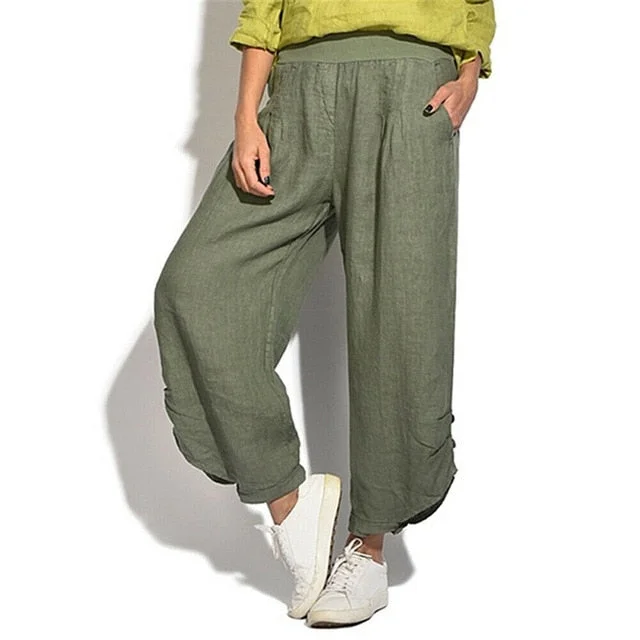 2019 Women's Plus Size Linen Thin Pants Summer Casual Loose Long High Waist Baggy Pants Woman New Fashion Harem Pant With Pocket