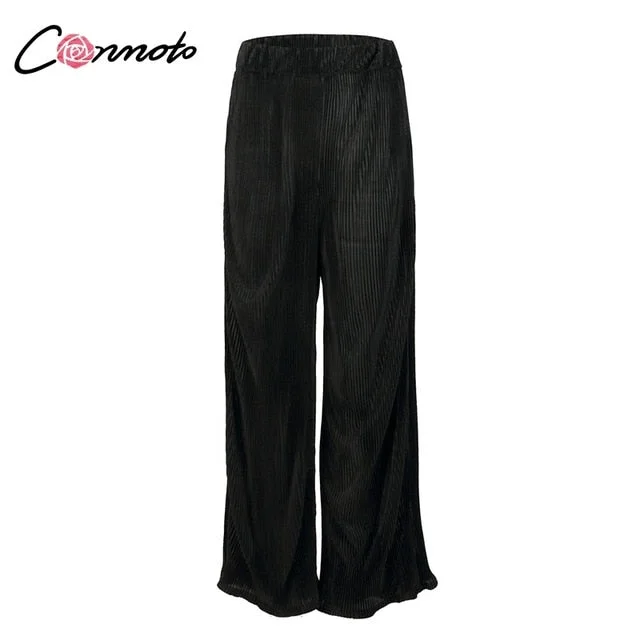 Conmoto 2019 Summer Casual Wide Leg Long Pants Women High Street Stripe Drape Pants Female Black High Waist Long Pants Capris