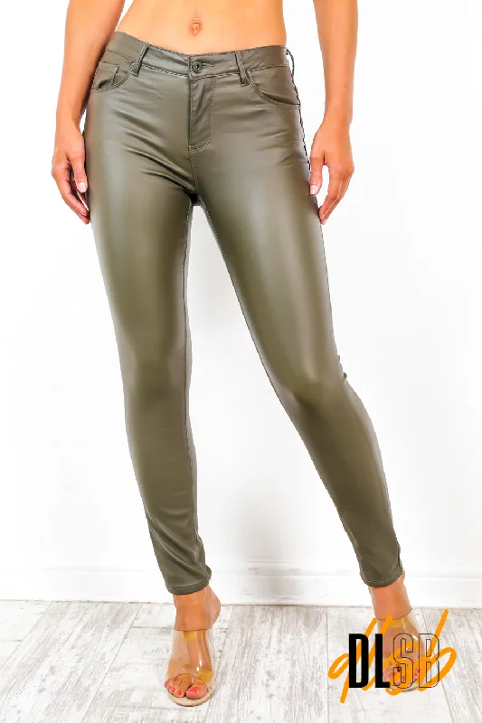 Keep Slaying - Khaki Wet Look Sculpting Skinny Jeans