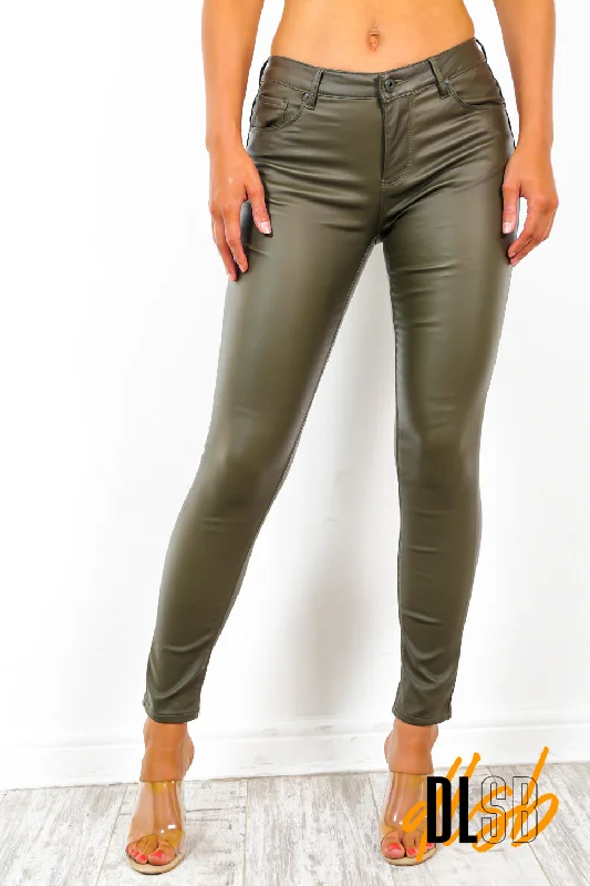 Keep Slaying - Khaki Wet Look Sculpting Skinny Jeans