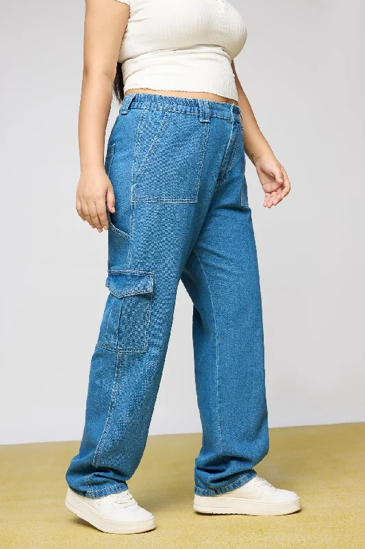 Mid Blue Utility Curve Straight Fit Cargo Jeans