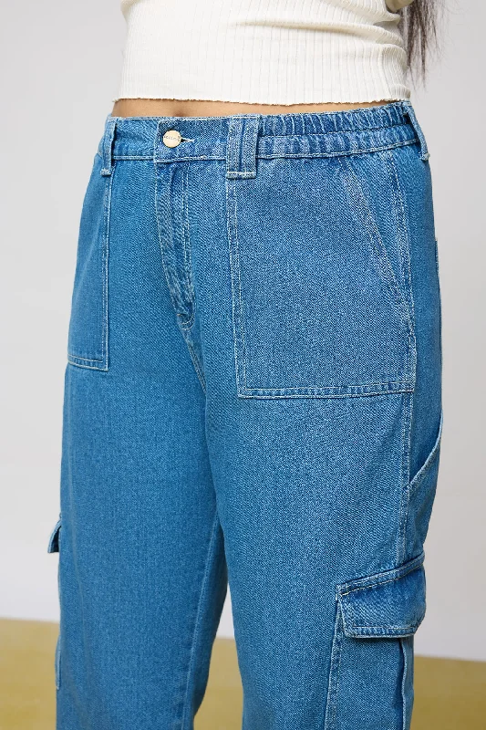 Mid Blue Utility Curve Straight Fit Cargo Jeans