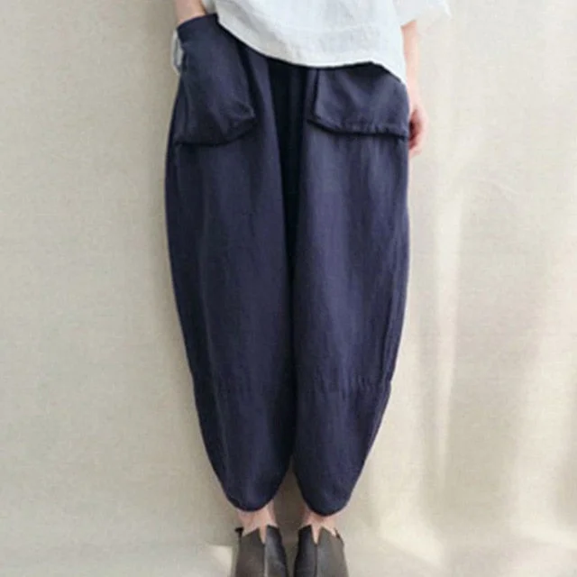 New L-5XL Oversized Women Loose Harem Pants Cotton Linen Wide Leg Pants Elastic Waist Retro Casual Solid Baggy Pantalon Trousers