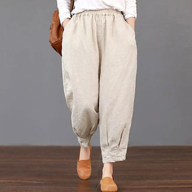 New Women Cotton Linen Lantern Long Pants Blue Beige Black Retro Baggy Harem Pants Femme Elastic Waist  Loose Casual Trousers