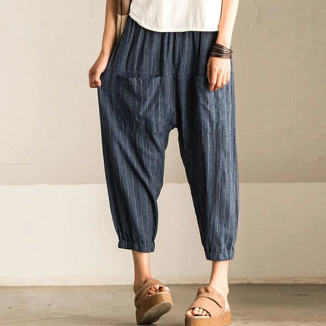 Plus Size New S-5XL Women Calf-length Harem Pants Loose Striped Front Pockets Retro Ladies Comfy Baggy Pants High Waist Trousers