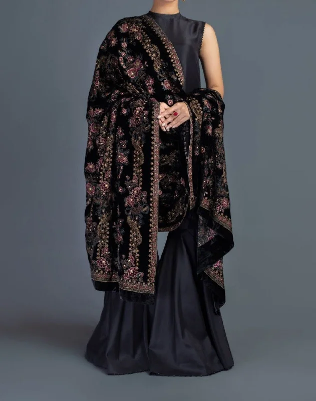 Rose Charm-Formal Heavy Embroidered Fancy Velvet Black Shawl