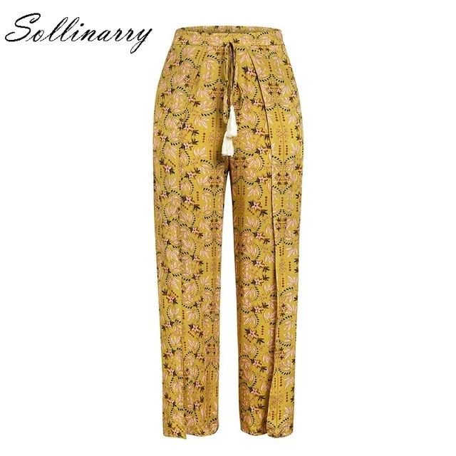 Sollinarry 2019 Casual High Waist Wide Leg Pants Women Beach Split Sexy Autumn Trousers Female Floral Printed Capris Winter