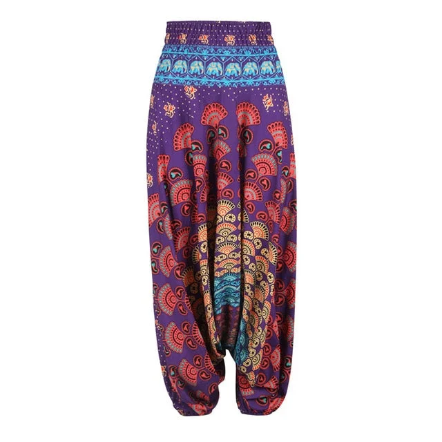 Women Casual Loose Low Cut Floral Trousers Mandala Thai Indian Harem Trousers Comfy Boho Pants Long Beach Summer Pants One Size