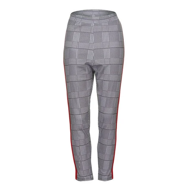 Women Plaid Pencil Pants Fashion Lady Side Striped Skinny Long Pant Female Casual Leisure Elastic Waist Long Fit Trousers S-XL