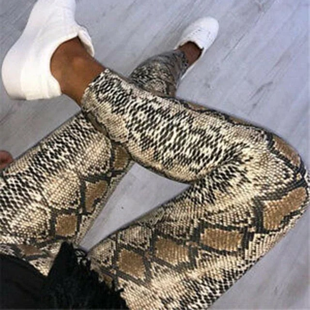 Women Snake Skin Print Pencil Pattern Pant Women Casual Slim PU Skinny Stretch Pencil Pantalons High Waist Elastic Female Pants