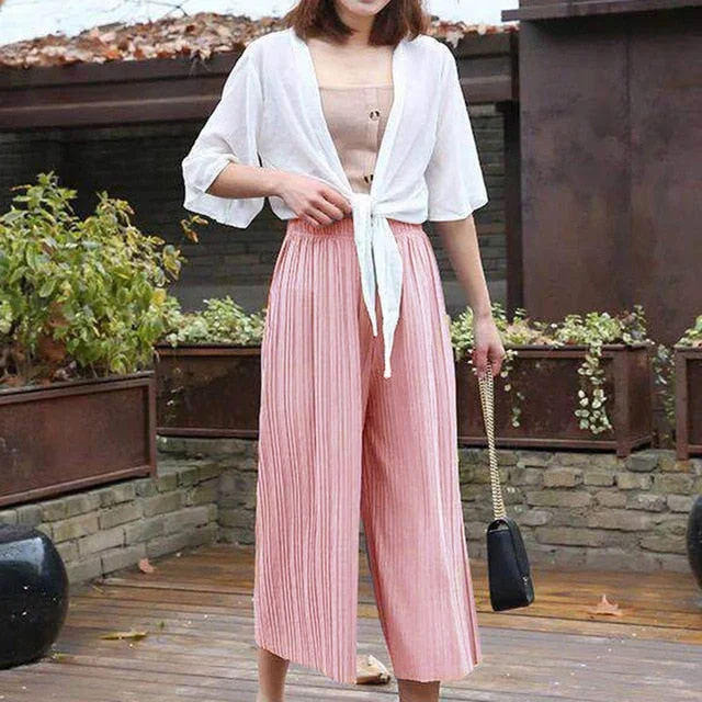 Womens High Waist Pleated Wide Leg Pants Ladies Summer Elastic Waist Casual Palazzo Trousers Multicolor One Size Long Pants