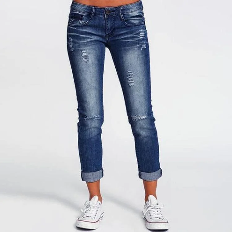 FashionSierra - Women's Mid Rise Light Wash Knee Ripped Cropped Jeans