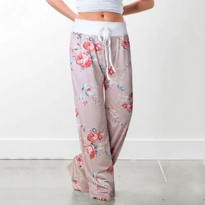 Wontive 2019 Women's Pants Loose Floral Print Drawstring Casual Wide Leg Pants Female Summer Trousers Long Sweatpants Plus Size