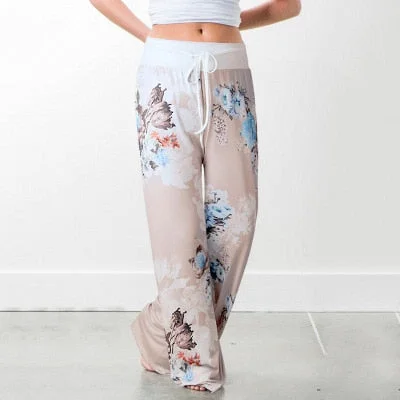 Wontive 2019 Women's Pants Loose Floral Print Drawstring Casual Wide Leg Pants Female Summer Trousers Long Sweatpants Plus Size