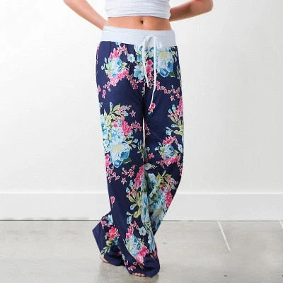 Wontive 2019 Women's Pants Loose Floral Print Drawstring Casual Wide Leg Pants Female Summer Trousers Long Sweatpants Plus Size