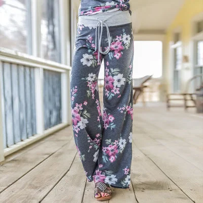 Wontive 2019 Women's Pants Loose Floral Print Drawstring Casual Wide Leg Pants Female Summer Trousers Long Sweatpants Plus Size