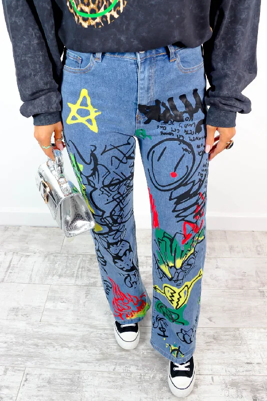 Write My Name - Blue Multi Graffiti Wide-Leg Jeans