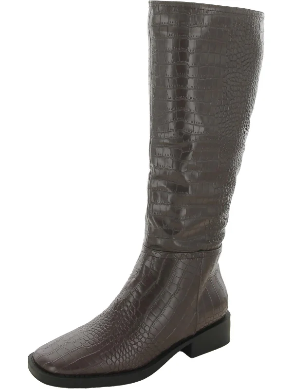 Womens Faux Leather Croc Print Knee-High Boots