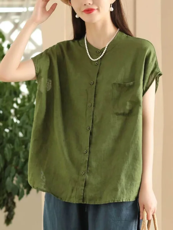 Babakud Women Summer Classic Solid Colors Linen Blouse