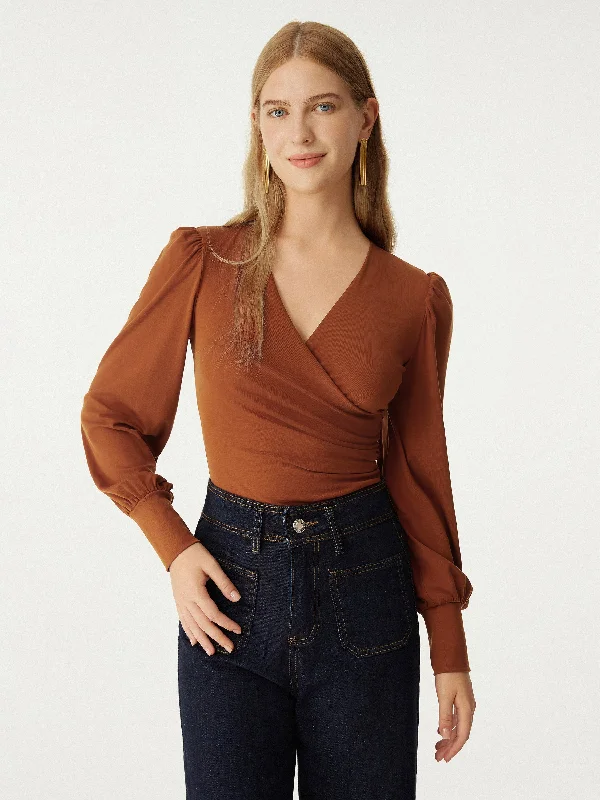 Tencel Surplice Puff Sleeves Top