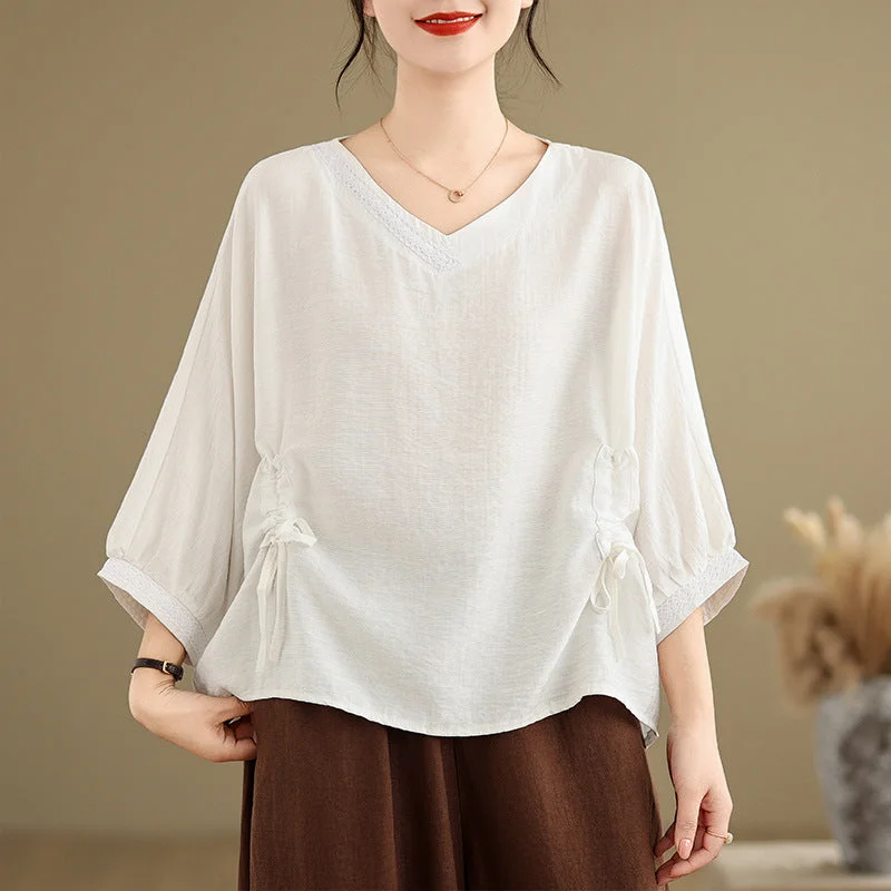 Women Retro V-Neck Drawstring Loose T-Shirt