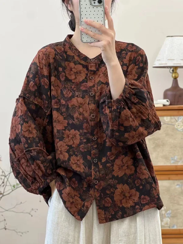 Women Vintage Lantern Sleeves Jacquard Shirts