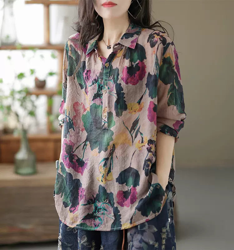 Women Vintage Printed Long Sleeves Linen Shirts