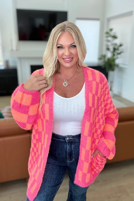 Noticed in Neon Checkered Cardigan in Pink and Orange