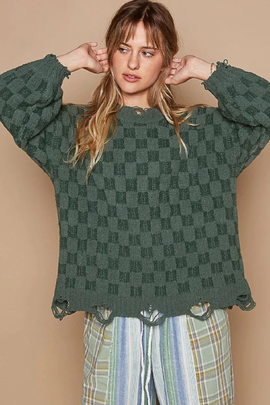 POL Checkered Distressed Edge Sweater