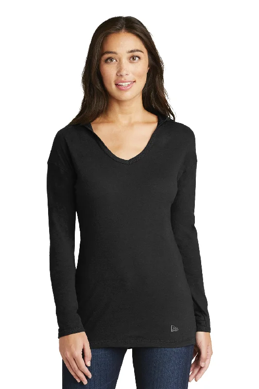 New Era Womens Performance Moisture Wicking Long Sleeve Hooded T-Shirt Hoodie - Black - Closeout