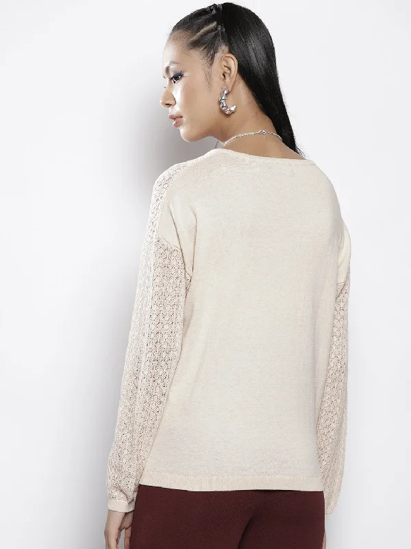 Women Beige Knitted V-Neck Full Sleeves Sweater