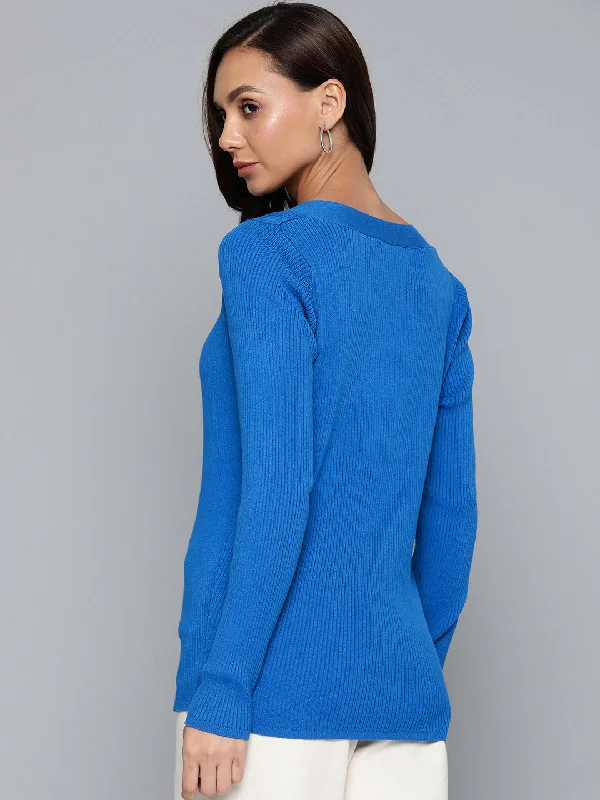 Women Blue Rib Square Neck Full Sleeves Sweater