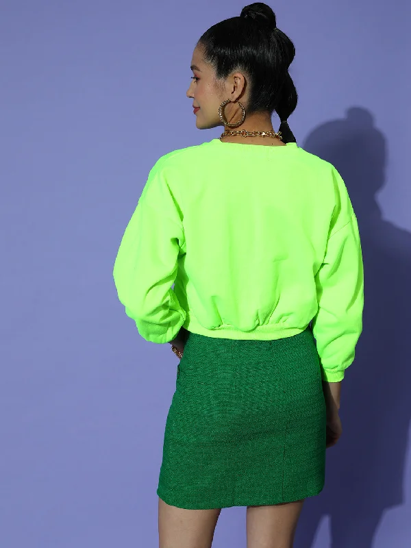 Women Neon Green V-Neck Crop Sweatshirt