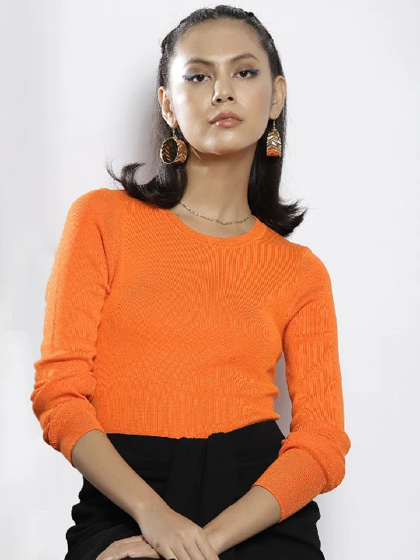 Women Orange Rib Round Neck Full Sleeves Crop Sweater