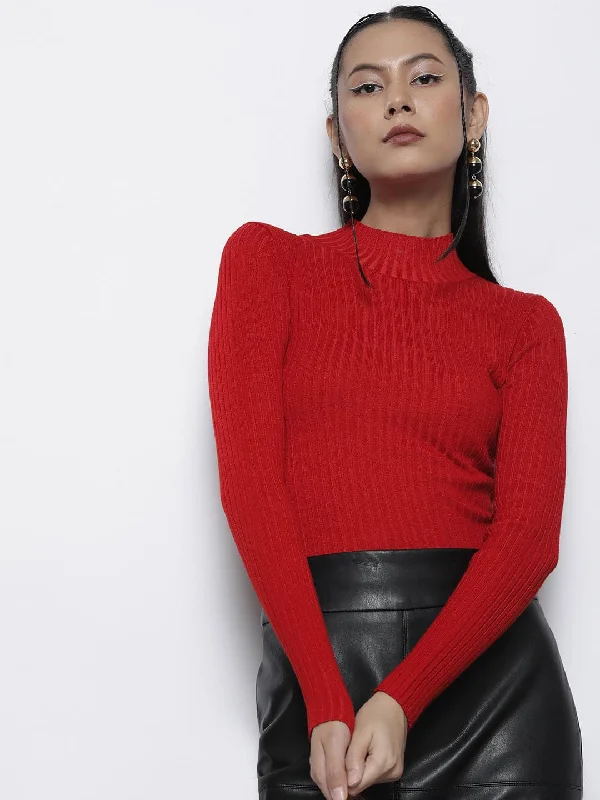 Women Red Rib High Neck Full Sleeves Sweater